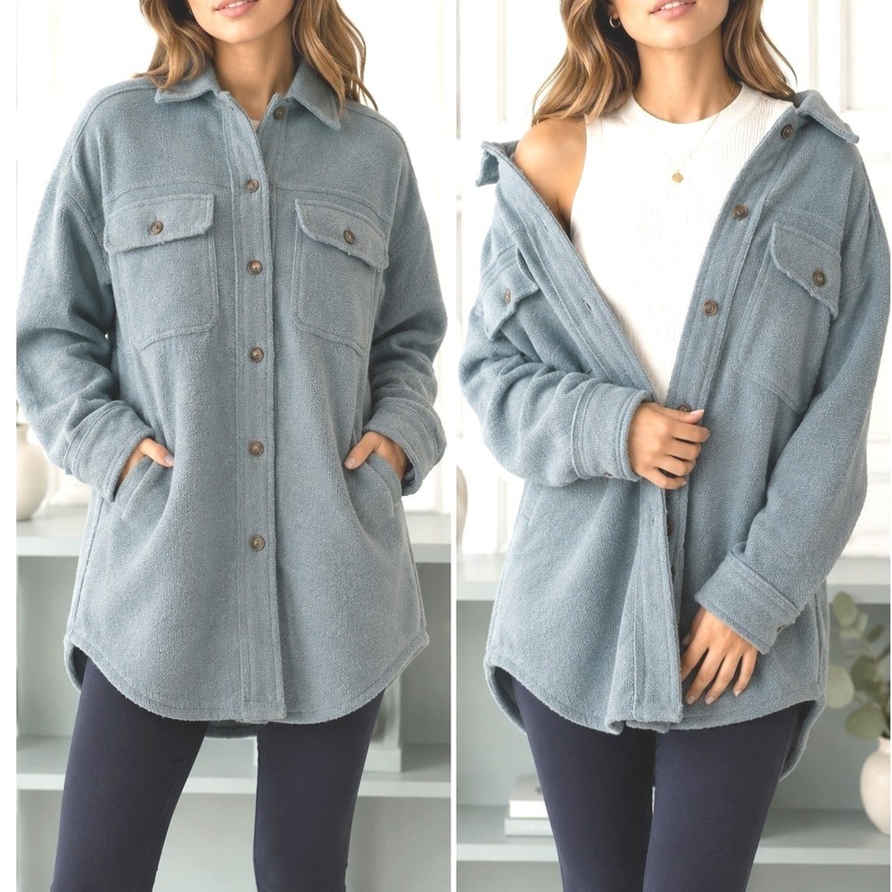 Oli & Hali Shacket Jacket Women L Blue Textured Button Up Long Sleeve MJ2078